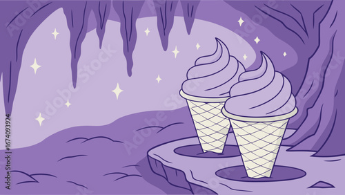 Two Ice Cream Cones in a Magical Cave Fantasy Dessert Illustration Purple Theme Sweet Treat Whimsical Food Art.