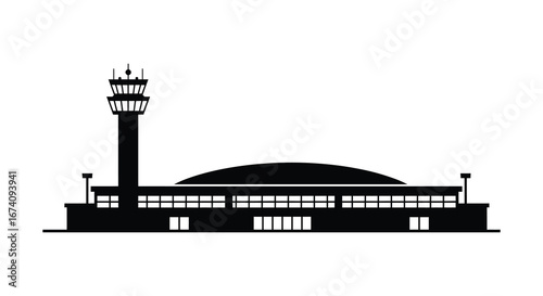 Airport terminal building with control tower silhouette