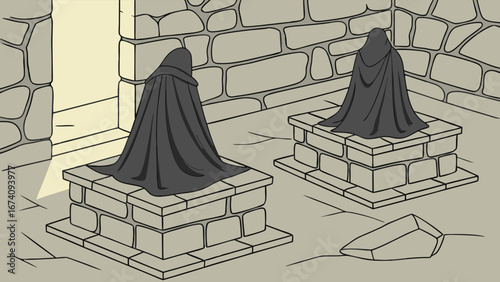 Mysterious Covered Objects in Stone Chamber Ancient Artifact Illustration Fantasy Game Background.