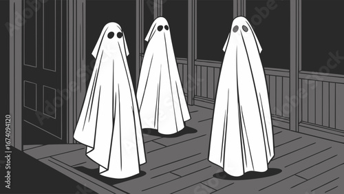 Three Ghosts on a Porch at Night Spooky Halloween Illustration.