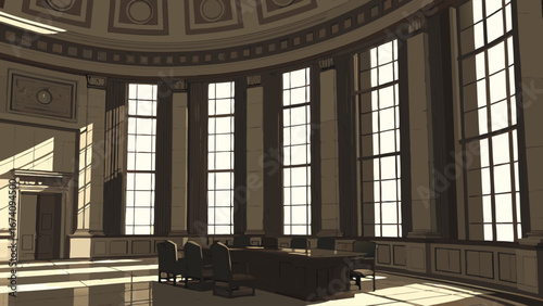Sunlight Streaming Through Large Windows in a Classical Interior with a Conference Table.