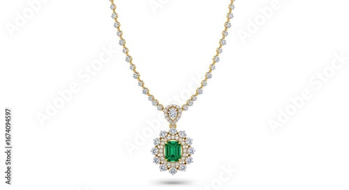 Wallpaper Mural Elegant Gold Necklace with Emerald and Diamond Pendant on White Background Torontodigital.ca