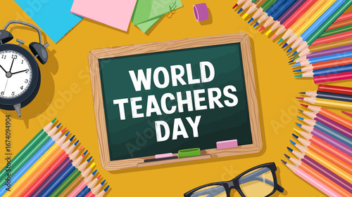 Vector art of world teachers day observed with a chalkboard surrounded by colorful pencils, an alarm clock, and stationery, signifying education