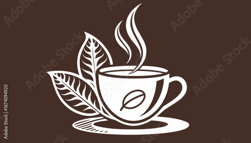 Create a minimalist image of Coffee white cup icon with steam forming a leaf., A clean and modern logo for a coffee shop.. 
with brown background