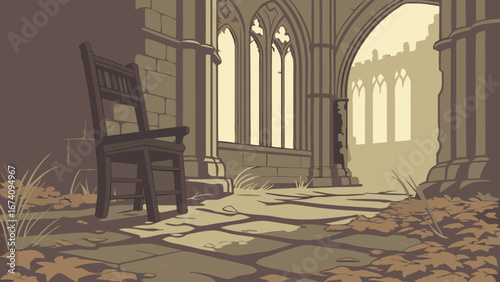 Abandoned stone structure with chair stylized vector illustration.