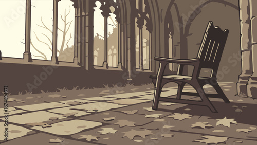 Autumnal Chair in Ancient Hallway Serene Illustration for Fall Meditation and Tranquility.