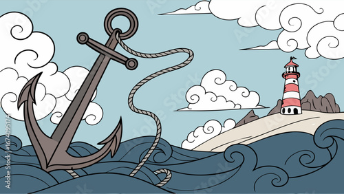 Stylized illustration of an anchor lighthouse and ocean waves.