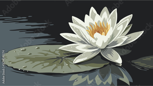 Water Lily Flower on Pad Aquatic Plant Nature Illustration Floral Design Botanical Art.