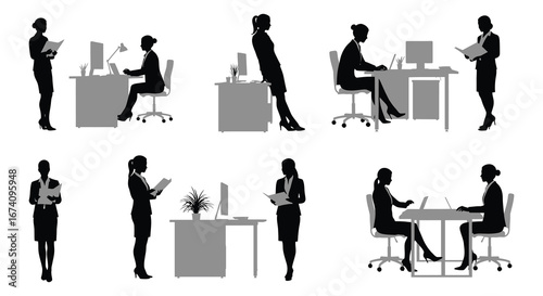 Business people working at desks in office silhouettes