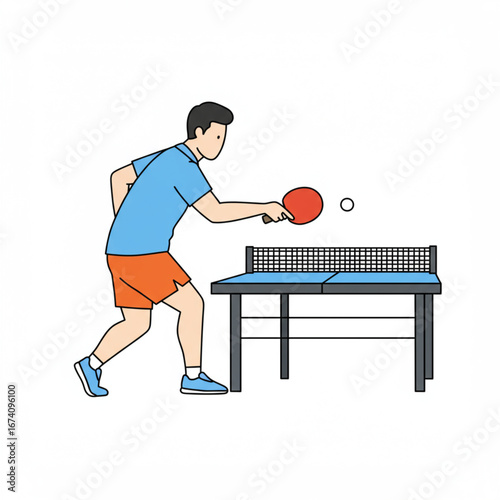 A man in athletic attire engaged in a competitive game of table tennis, illustrated in a clean, modern vector style
