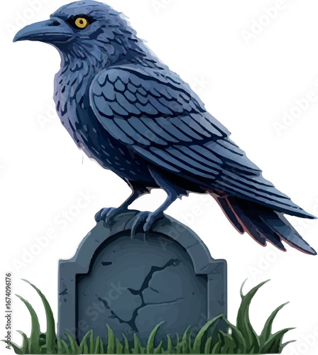 A crow perched on a tombstone, evokes a sense of mystery and the uncanny. The scene features a weathered tombstone in a grassy setting