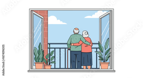 A loving couple enjoying a peaceful morning view from their apartment balcony together