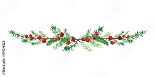 Pine garland with red berries in curved layout
