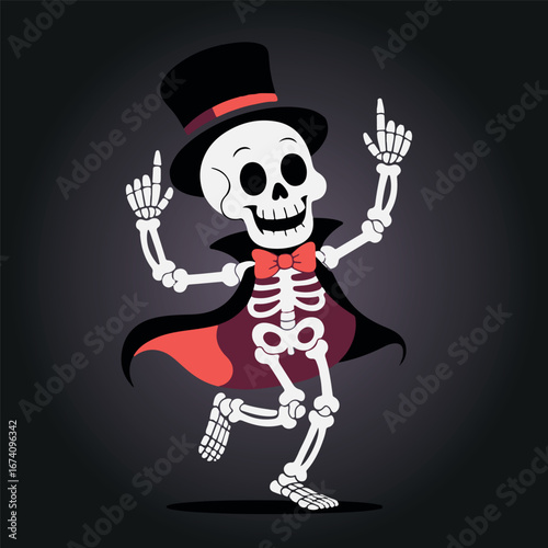 A cartoon of a happy skeleton wearing a top hat and cape is dancing joyfully with a dark backdrop