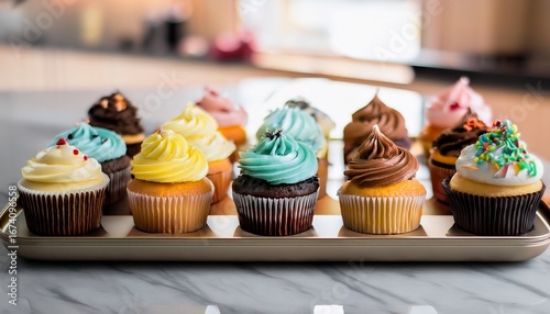 assorted cupcakes neatly arranged on a flat serving tray