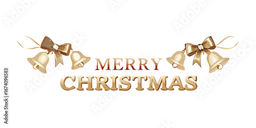 Merry Christmas greeting with golden bows and bells