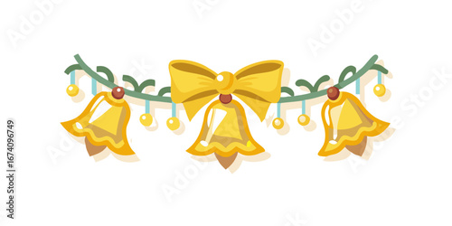 Christmas bells garland with golden ribbon and lights
