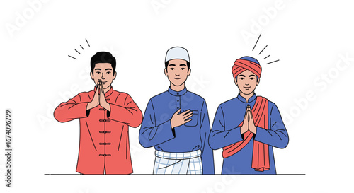 Diverse men in traditional attire showing gestures of respect and greeting in a modern illustration style