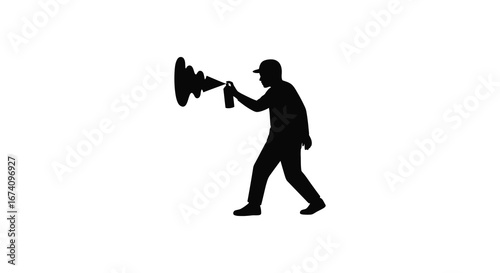 man walking and talking on a megaphone in silhouette