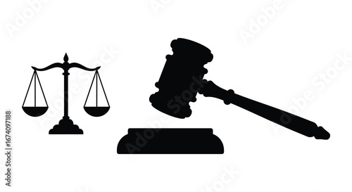 law and justice symbols in black silhouette on white background