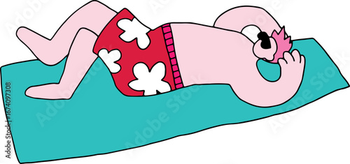 A man in sunglasses and red shorts lies down and sunbathes, colorful drawing, corporate memphis style, curved black lines brush
