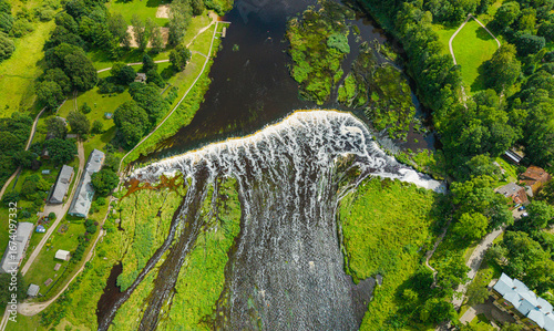 Widest waterfall in Europe from above. Summer background
