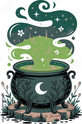 A dark cauldron with bubbling green potion emits magical smoke and stars isolated on a white background for Halloween design.