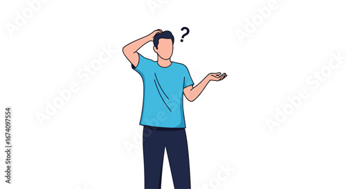 Perplexed individual scratching head while looking upwards with question mark above confused expression