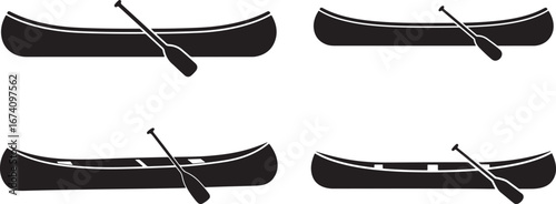 Four black canoe silhouettes with paddles isolated on white background