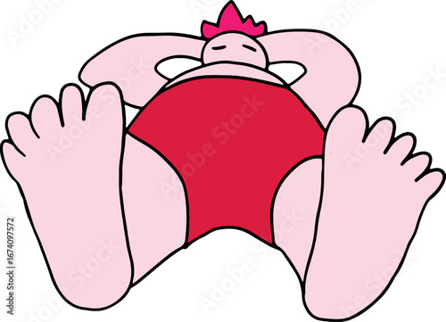 A man in red swimming trunks lies on his back with his hands under his head and rests showing his feet, colorful drawing, corporate memphis style, curved black lines brush