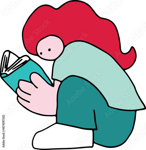 Young red-haired woman reads book with interest and sits hunched over, colorful drawing, corporate memphis style, curved black lines brush