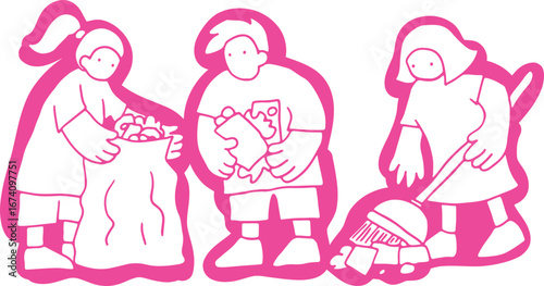 A group of people cleaning up and collecting trash in a bag, white color on pink background, outline, no contours, corporate memphis style