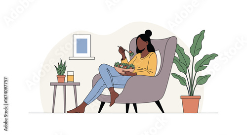 A woman enjoys a healthy meal while relaxing comfortably in a cozy armchair surrounded by indoor plants and natural light