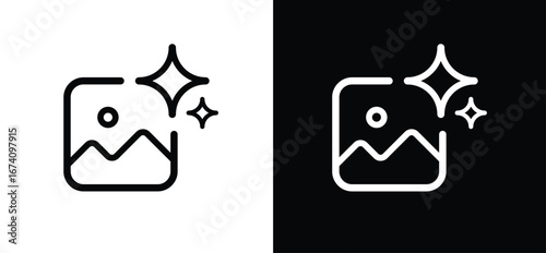 Set of AI image enhancement icons, landscape tile with sparkle stars, minimalist line vector for cleanup, retouch and upscale, rounded square for app and web UI. Vector illustration.