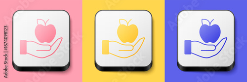 Isometric Apple icon isolated on pink, yellow and blue background. Excess weight. Healthy diet menu. Fitness diet apple. Square button. Vector