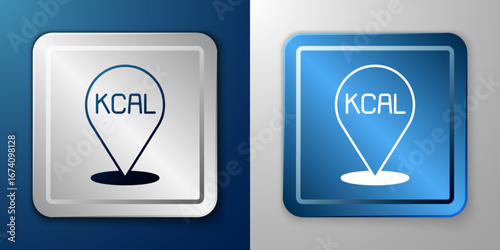 White Kcal icon isolated on isolated on blue and grey background. Health food. Silver and blue square button. Vector