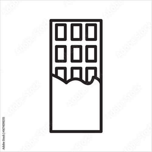 Icon chocolate, bitten chocolate bar in opened red wrap , dessert, vector illustration in flat style, Chocolate bar on white background. Milk chocolate bar