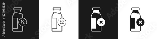 Set Lactose intolerance icon isolated on black and white background. Not allow milk. Allergy concept, lactose intolerance allergy warning sign. Vector