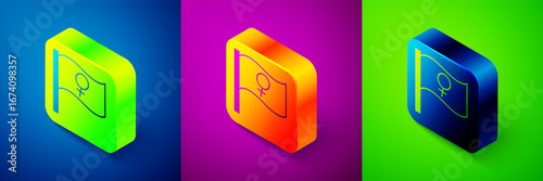 Isometric Female movement, feminist activist with banner and placards icon isolated on blue, purple and green background. Feminist rights movement, feminism sisterhood. Square button. Vector