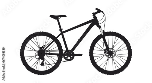 A black silhouette of a mountain bike on a white background