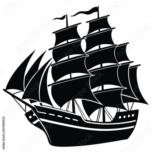 Black silhouette of a sailing ship with full sails 1