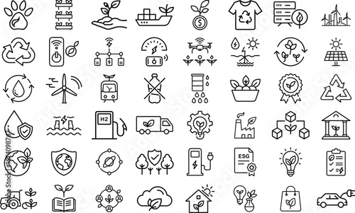 Hand-drawn eco-friendly icon set symbolizing sustainability and environmental protection