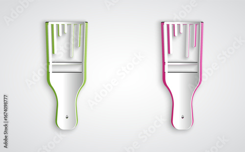 Paper cut Paint brush icon isolated on grey background. Paper art style. Vector