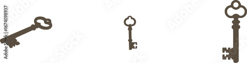 Three vintage skeleton keys in brown silhouette on white