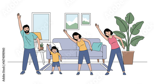 Family fitness fun exercising together at home for a healthy lifestyle