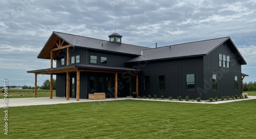Sleek black barndominium residence featuring modern architectural design and lush lawn