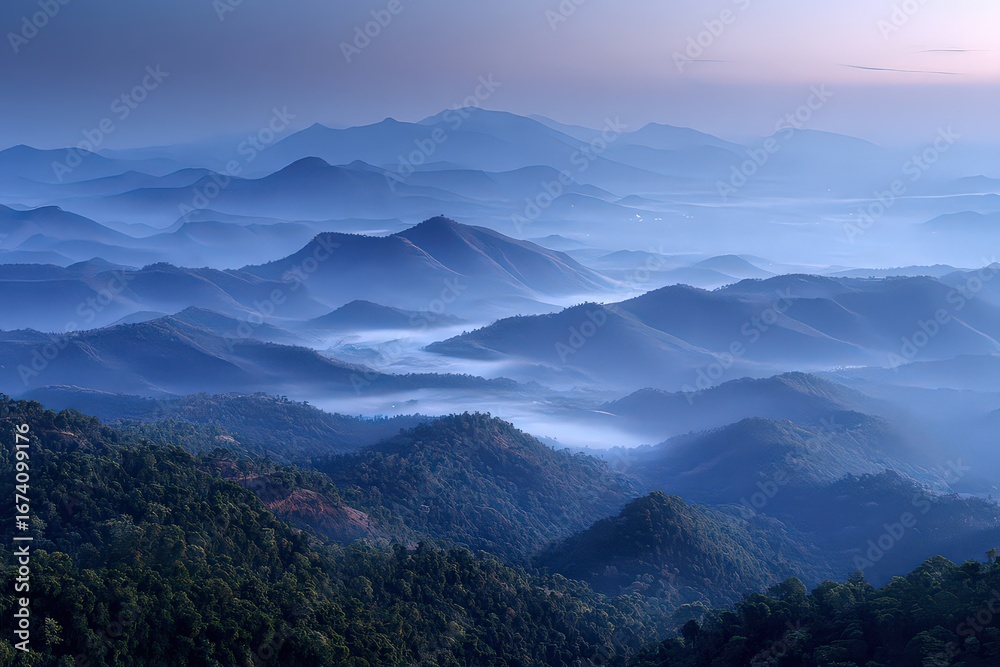 Obraz premium Misty Mountain Range Sunrise Viewpoint