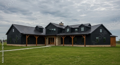 Elegant barndominium residence with black facade, inviting porch and green lawn