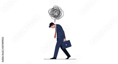 Stressed businessman walking with overwhelmed thoughts causing him to feel dizzy and confused while carrying a briefcase
