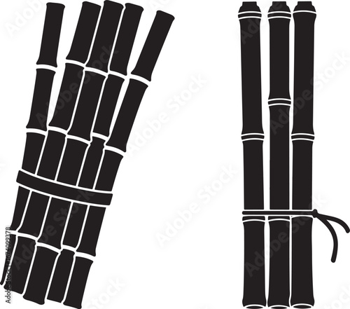 Two bundles of bamboo stalks tied with string in a silhouette style isolated on white background